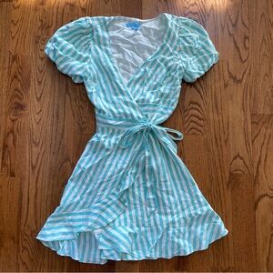 Draper James Linen Rayon Striped Wrap Tie Dress Turquoise White Size XS